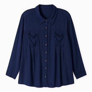 Style & Co Rayon Button Down Blouse XL Pleated Front Long Sleeve Patch Pockets